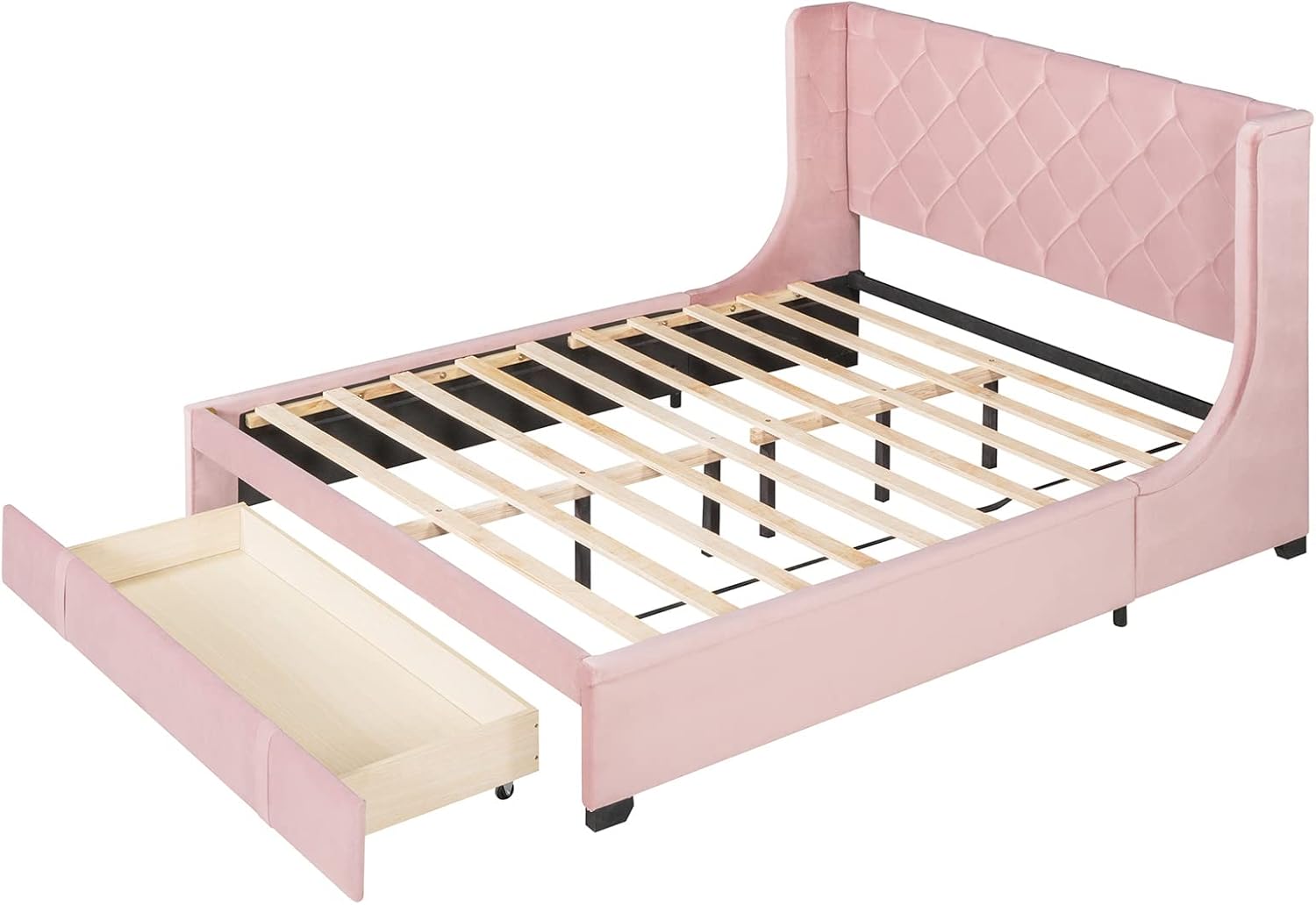 Upholstered Queen Beds with A Storage Drawer Modern Velvet Platform Bed with Headboard and Wooden Slats Support, Queen Size, Pink