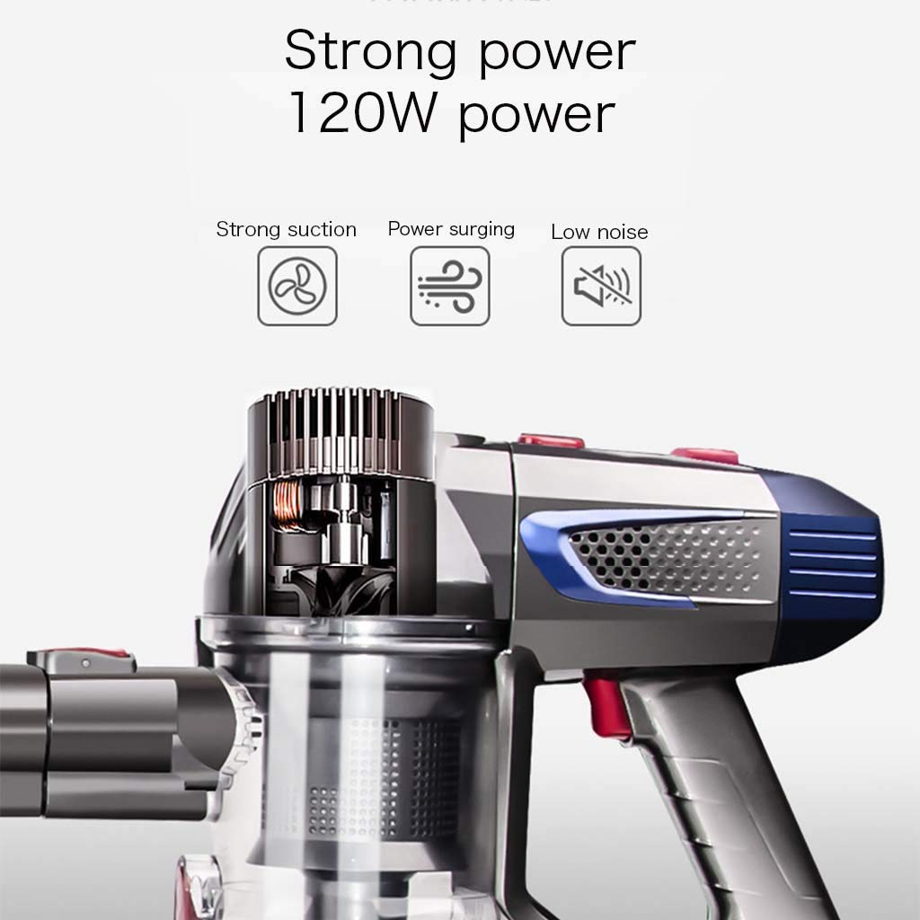 A Aspirapolvere Senza Filo 120 W, Doppio Motore, Batteria Rimovibile, Scopa Elettrica A Bordo, Illuminazione LED, Per Moquette, 3 Livelli di Potenza, 3 Velocità, 62 Decibel, Portatile, Bianco