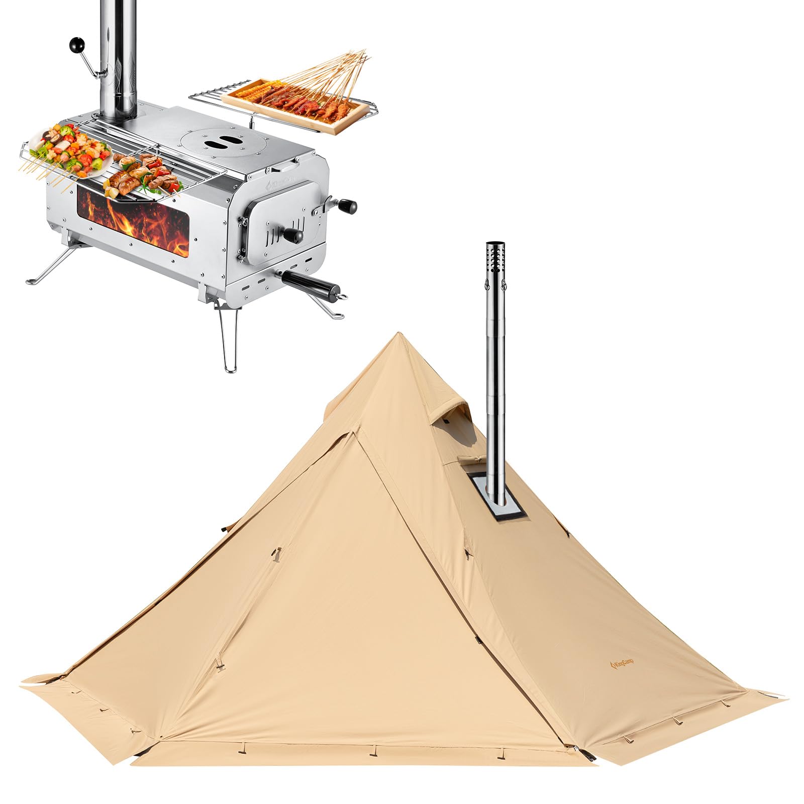 KingCamp Canvas Hot Tent, Lightweight Waterproof & Windproof 4 Season Tipi Hot Tents with Stove Jack for Outdoor Camping