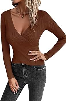 Amazon.com: ZXZUCVE sweaters for women V Neck Ribbed Knit Sweater