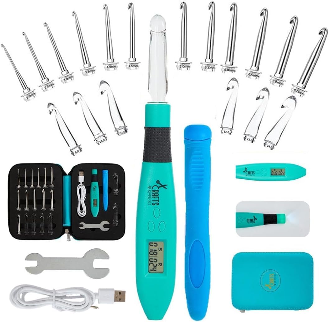 Crafts By KFRod, Ergonomic Crochet Hook Handle, with LED Light and Stitch Counter, Interchangeable (18 in1 Crochet Hook with Light and Counter)