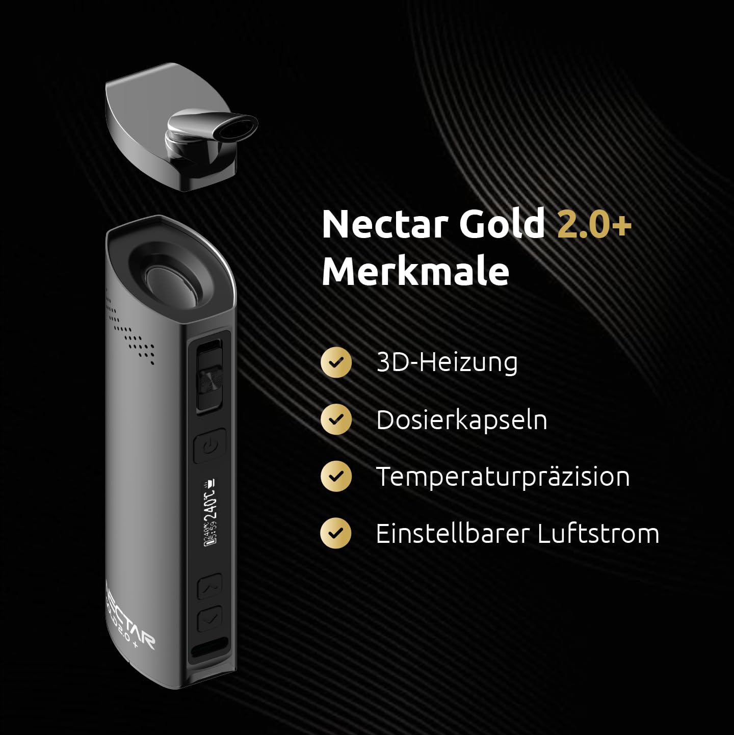 Nectar Gold 2.0+ Vaporizer für Kräuter und Extrakte | 3 Jahre Garantie | 3D-Heiztechnologie mit 15-Session-Akku, USB-C-Anschluss, Präzise Temperaturregelung, Einstellbarer Luftstrom