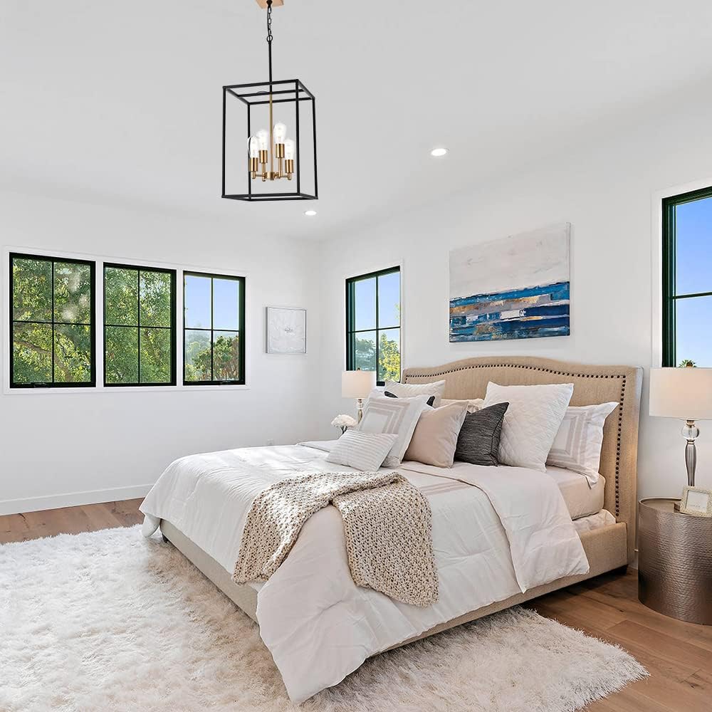 VINLUZ Retro 4 Light Large Farmhouse Chandelier Rustic Dining Room Lighting Fixtures Hanging in Black and Brushed Brass Finish Metal Square Cage Pendant Lighting for Kitchen Island