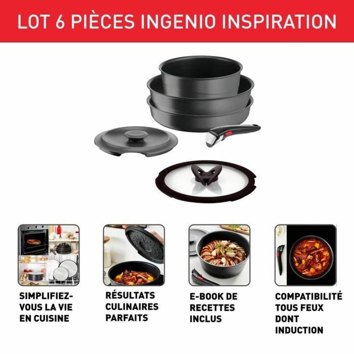 Tefal Ingenio Zestaw 6 sztuk, Patelnia, Wok + pokrywa szklana 26 cm, Cocotte + pokrywa z odlewu aluminiowego 20 cm, wyjmowany uchwyt Ingenio, indukcja, odlew aluminiowy, Inspiracja L867S604