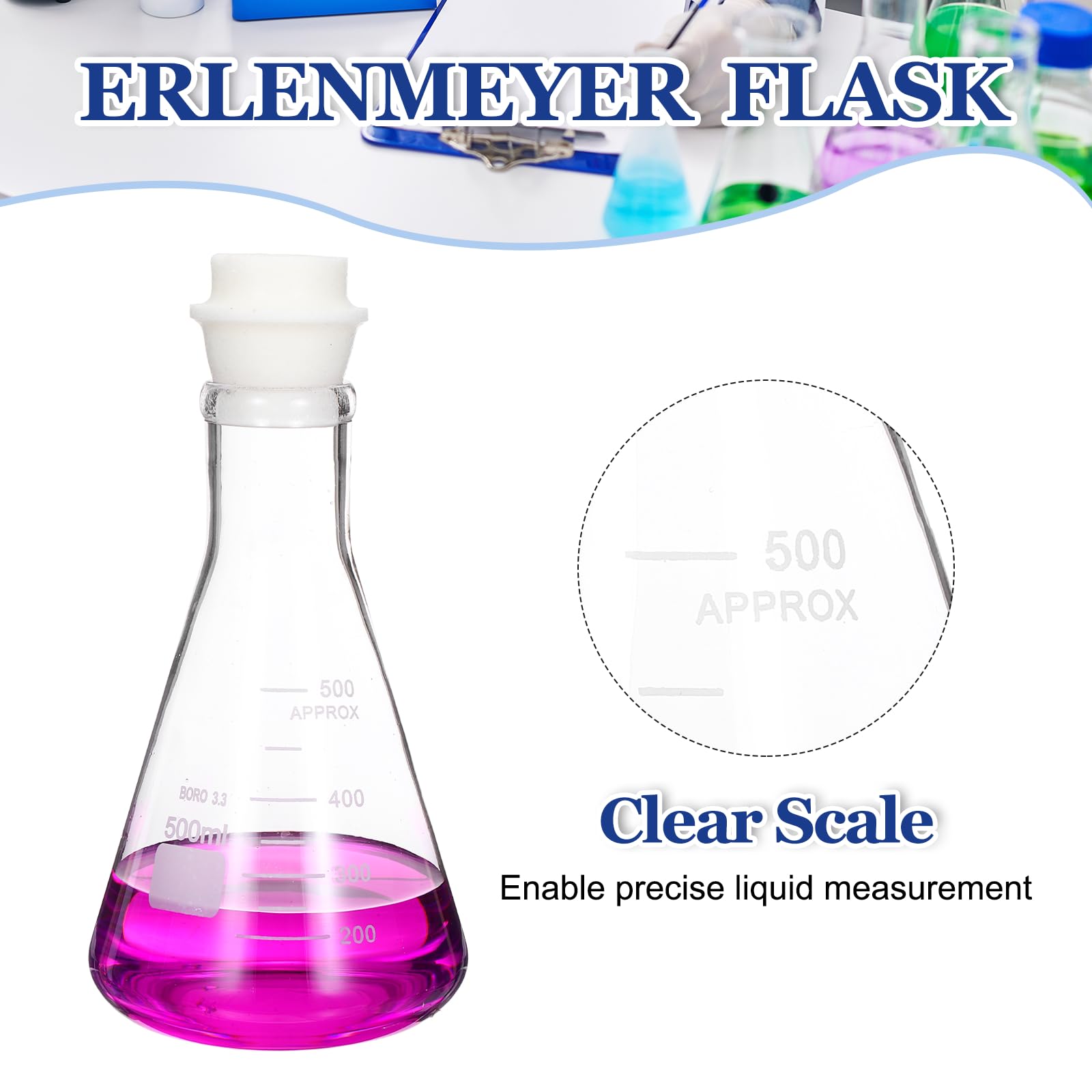PATIKIL 500ml 16.9oz Flacone Conico A Bocca Stretta, 2Pcs Vetro Borosilicato Con Tappo In Silicone A Nucleo Sabbioso Flaconi Graduati Con Misura Stampata Per Laboratorio, Trasparente.