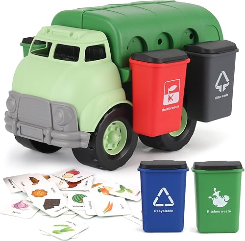 Liberty Imports Juguete grande de plástico para camión de basura, gestión de residuos, vehículo volquete verde con 4 botes de basura y tarjetas de