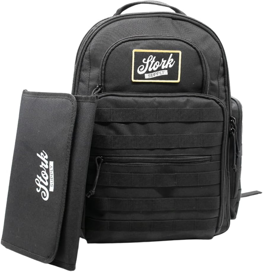 Stork Supply Baby Diaper Backpack - Military-Grade, Men's Diaper Bag Backpack and Changing Mat, Baby Diaper Travel Bag for Dads & Moms, Large, Black