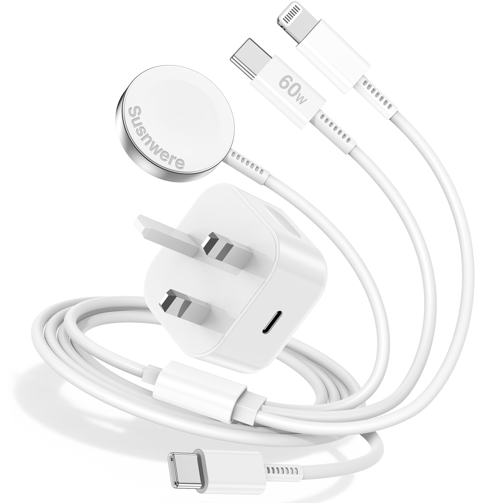 Caricabatterie 3 in 1 per Apple Watch, caricatore rapido USB C per iWatch e iPhone, cavo di ricarica multi Apple Watch da 2 m, con spina USB-C da 20 W, per iWatch Ultra/Serie 11/10/9/8/3, iPhone 17 16