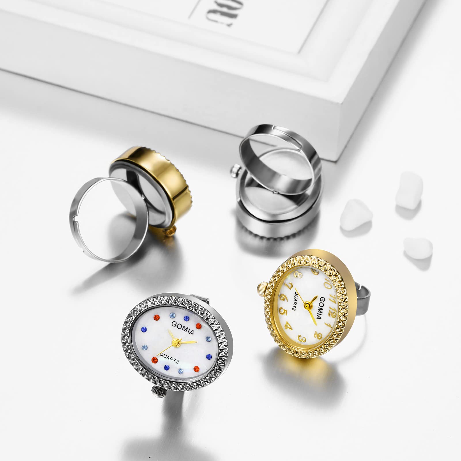 JewelryWe Novedad reloj de dedo clásico redondo colorido esfera cuarzo anillos ajustable anillo abierto reloj para Navidad, Oval Colorful Dot 2pcs