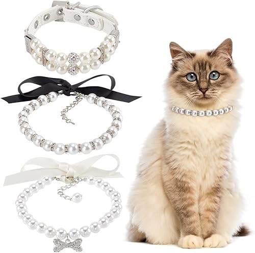 WEBEEDY 3 piezas de collares de perlas para perros y gatos, joyería de diamantes de imitación de cristal, perlas de gato, collar de boda, dijes para