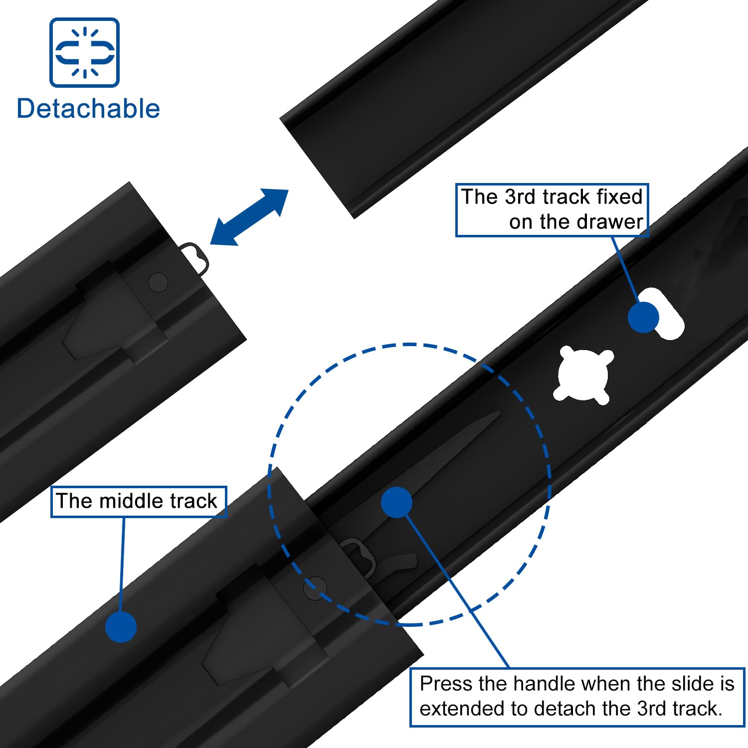 VADANIA Glissières de tiroir robuste de 700 mm #A53 Noir, largeur de 53 mm, capacité de charge jusqu'à 85 kg, extension complète à 3 volets, montage latéral, 1 paire