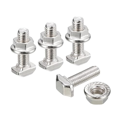 uxcell M5x16mm T Ranura Drop-in Bolt y M5 Juego de tuercas hexagonales M5 de brida hexagonal, 10 juegos de tornillos deslizantes en forma de T de