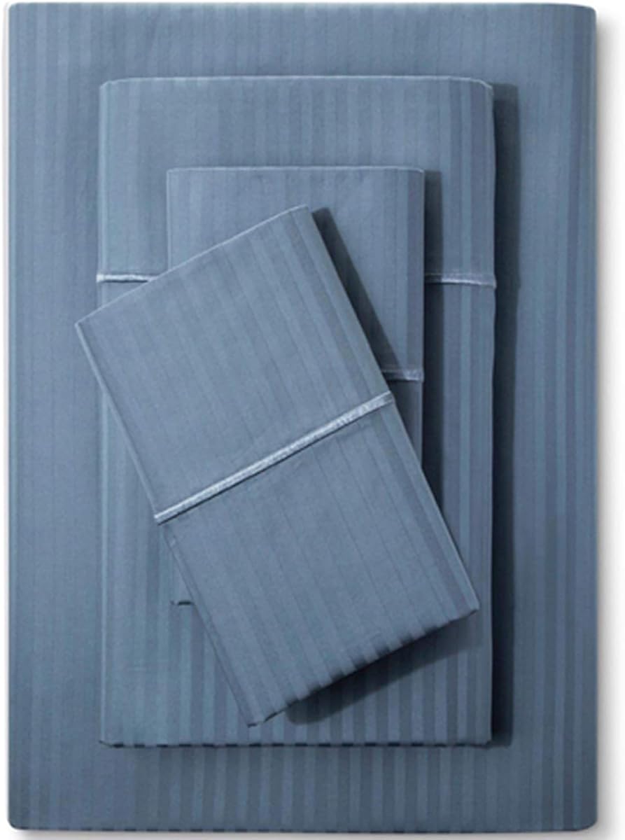 Feather & Stitch 500 TC Full Size Damask Bed Sheet Set, 100% Cotton Soft Breathable Bedsheets, 4 Piece 18" Deep Pockets Sateen Weave Striped Bedding Mattress Resort Hotel Luxury Décor - (Blue)