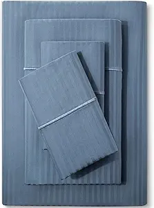 Feather & Stitch 500 TC Full Size Damask Bed Sheet Set, 100% Cotton Soft Breathable Bedsheets, 4 Piece 18" Deep Pockets Sateen Weave Striped Bedding Mattress Resort Hotel Luxury Décor - (Blue)