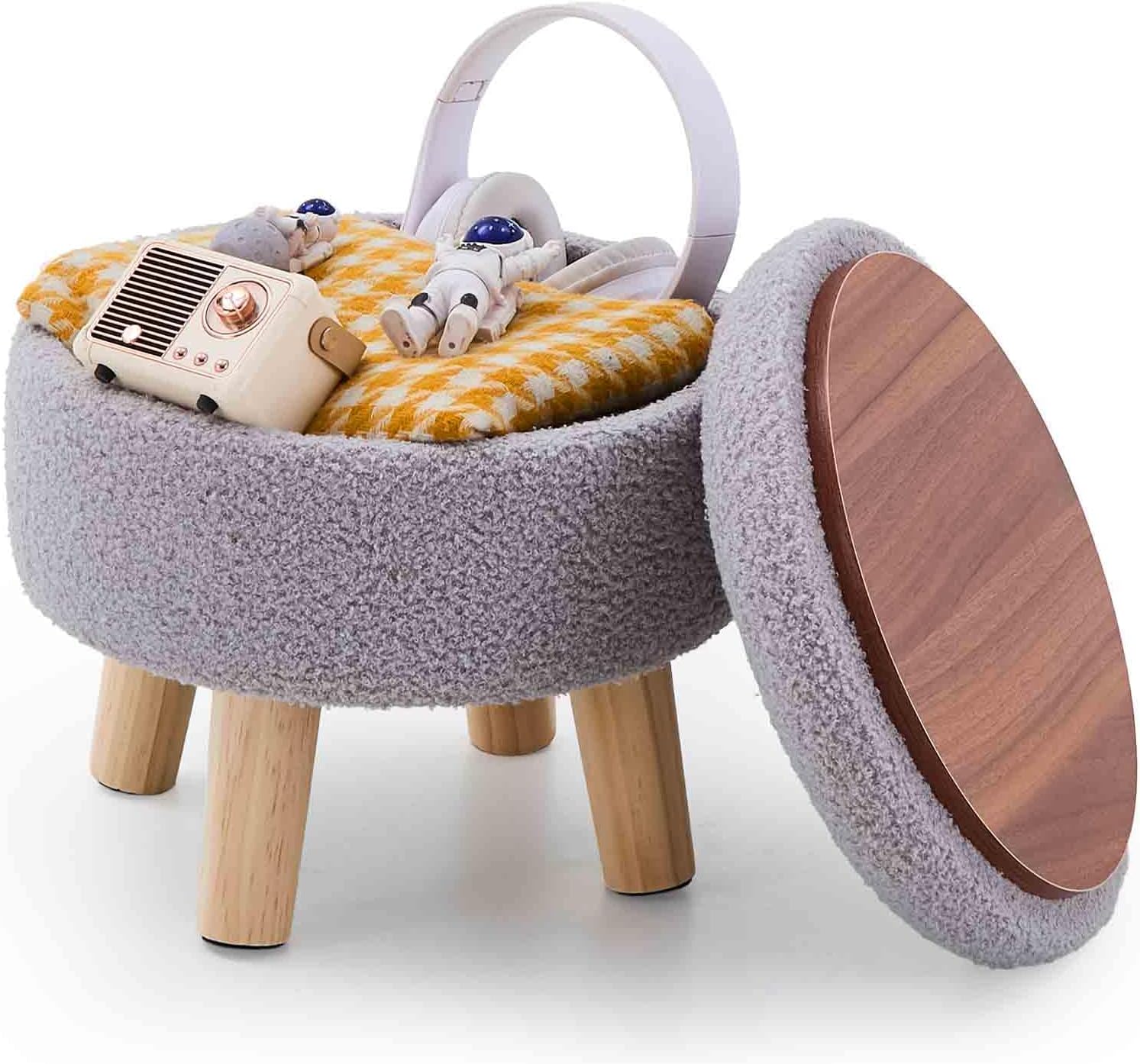 Wimarsbon Storage Ottoman, Modern Round Footrest with Soft Padded Seat, Teddy Velvet Footstool with Wood Legs, Accent Small Table or Plant Stand for Hallway, Living Room (Grey)