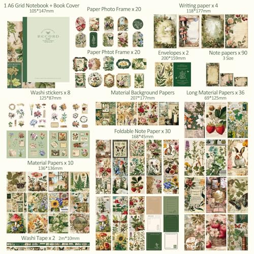 Image of Scrapbooking Supplies Kit, Vintage Botanical Aesthetic Scrapbook Kit for Bullet Junk Journal, Stationery, A6 Grid Notebook, Flower DIY Journaling Supplies, Birthday Craft Gift for Women Craft Lover