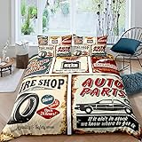 Erosebridal Vintage Car Signs Comforter Cover for Boys, Automobile Pattern Duvet Cover, Repair Vehicle Garage Bedding Set Full Size for Kids Girls Teens, Classics Servicing Quilt Cover Bedroom Decor