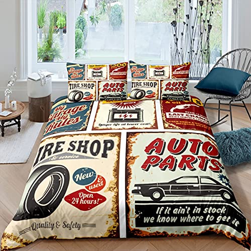 Erosebridal Vintage Car Signs Comforter Cover For Boys, Automobile Pattern Duvet Cover, Repair Vehicle Garage Bedding Set Full Size For Kids Girls Teens, Classics Servicing Quilt Cover Bedroom Decor #TOP18