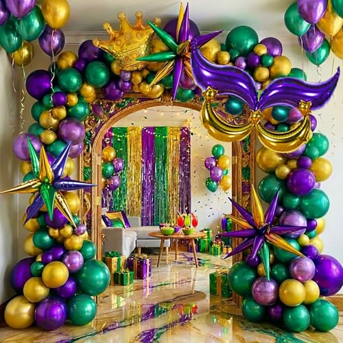 Kozee Mardi balloon garland arch kit 130pcs Double-Stuffed Purple Emerald green gold with Mylar Crown and DIY Crown Mask Balloons for Gorgeous Funny Grand Fat Tuesday Party decorations