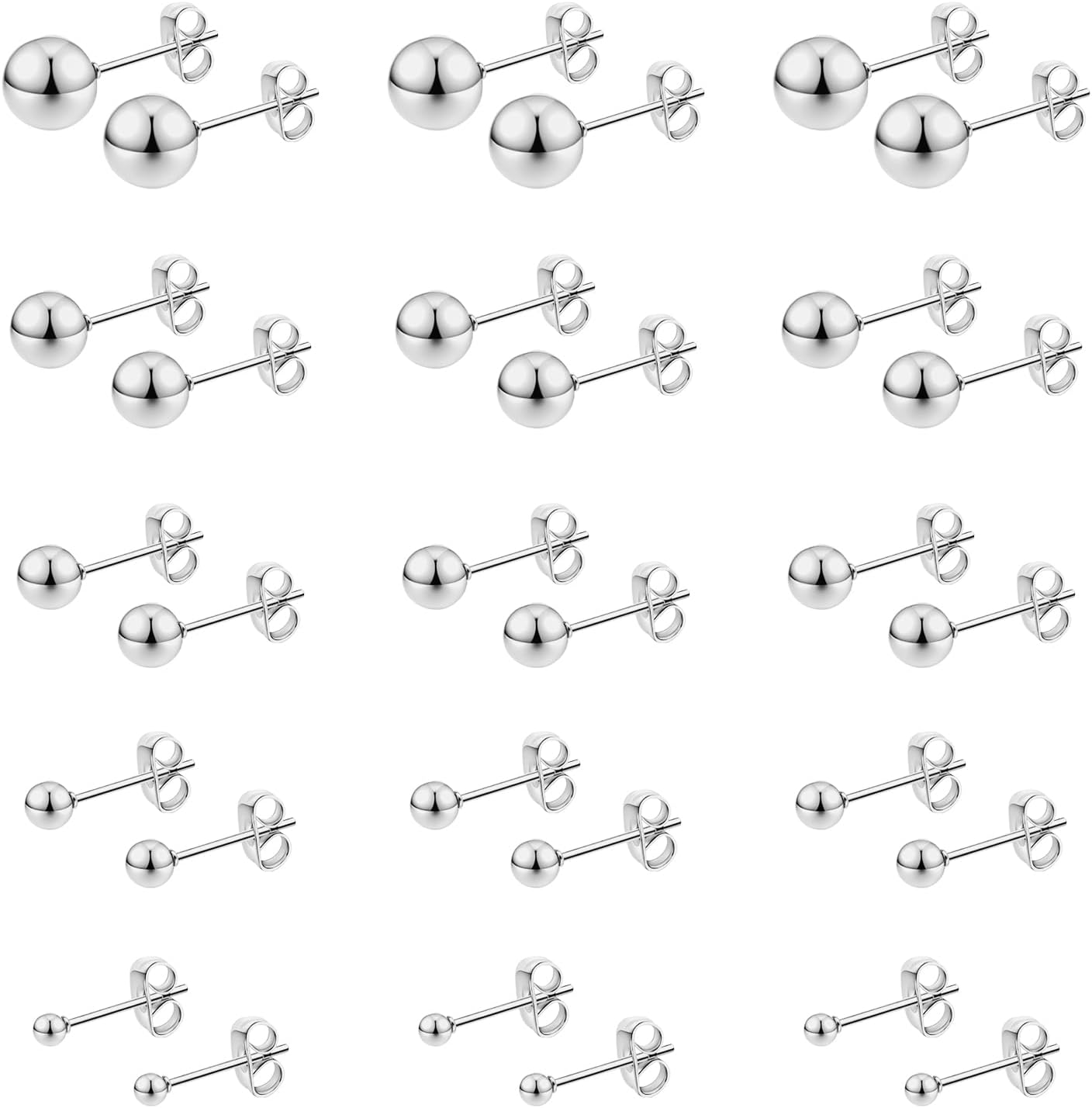 Thinp 15 Pairs Stainless Steel Ball Stud Earrings for Women & Men - Tiny Polished Sizes 2-6mm Hypoallergenic Jewelry