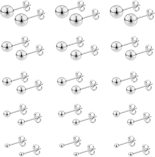 Thinp 15 Pairs Stainless Steel Ball Stud Earrings for Women & Men - Tiny Polished Sizes 2-6mm Hypoallergenic Jewelry