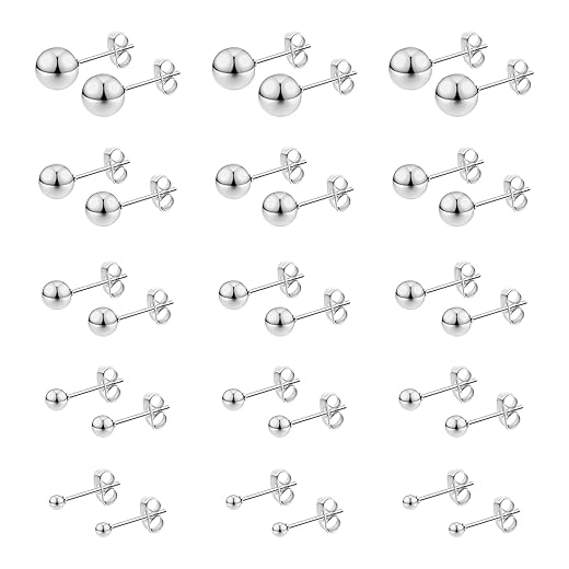 Stainless Steel Stud Earrings for Women & Men 15 Pairs Earrings Tiny Stud Earring Simple Polished Ball Studs Jewelry