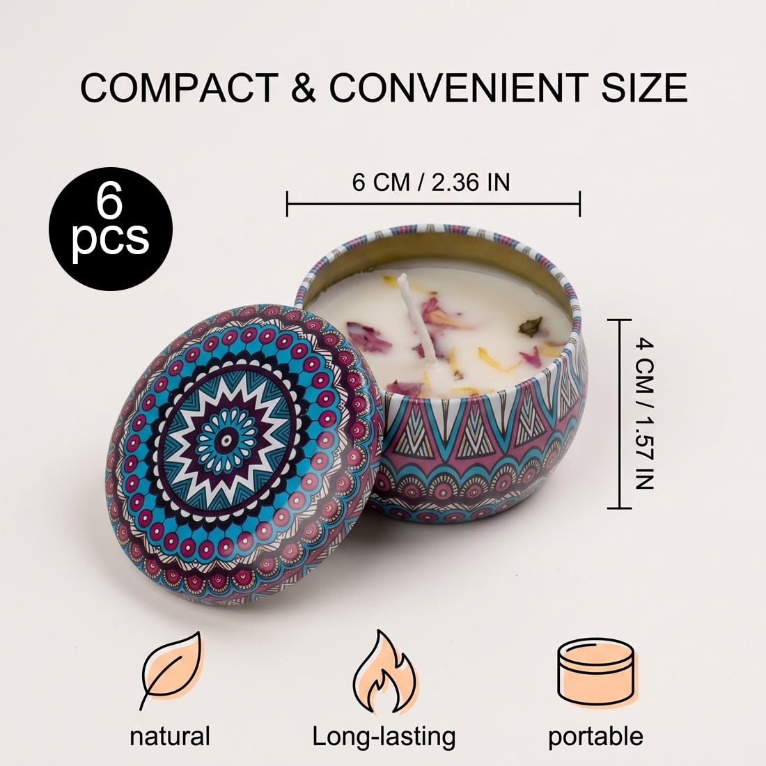 Set 6 Velas Perfumadas de Cera de Soja en Lata con Diseño Mandala, 6 Aromas Diferentes, Duración 15h, para Aromaterapia, Regalo para Mujer, Aniversario