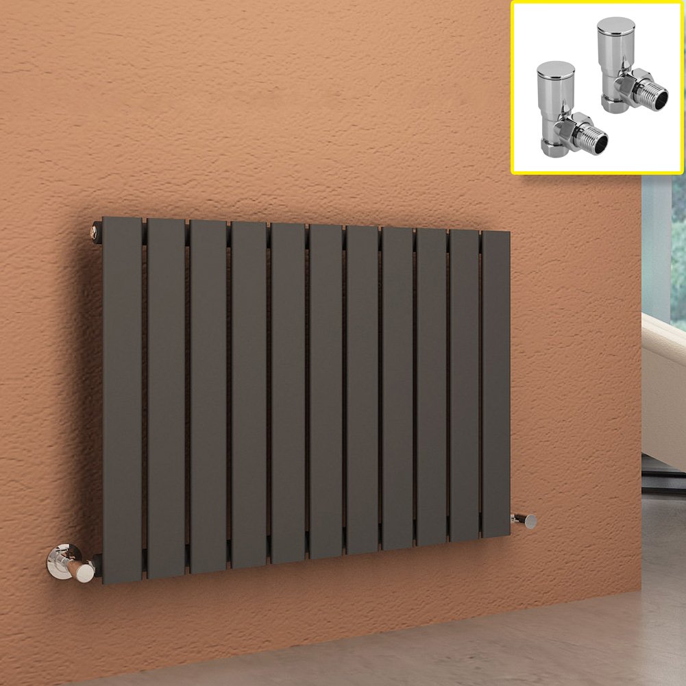 600 x 836 mm Anthracite Column Radiator Horizontal Single Flat Panel Designer Radiator with Angled Radiator Valves