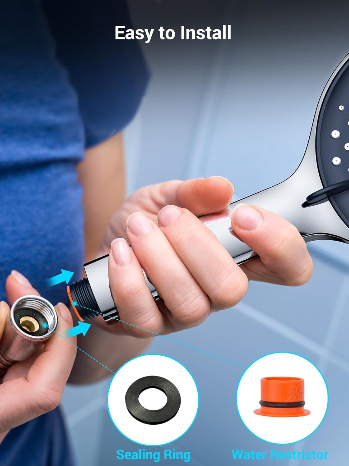 A hand demonstrating how to connect the YEAUPE shower head to a shower hose, showing the sealing ring and water restrictor.