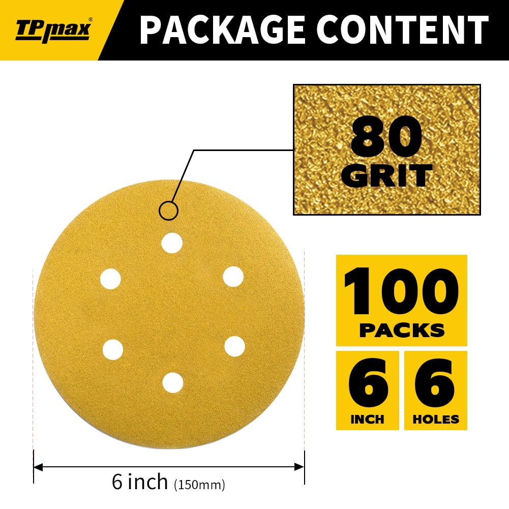 Disques Abrasifs Auto-agrippants 150mm 6 Trous 100 Pièces Grain 80 Ponceuse Orbitales