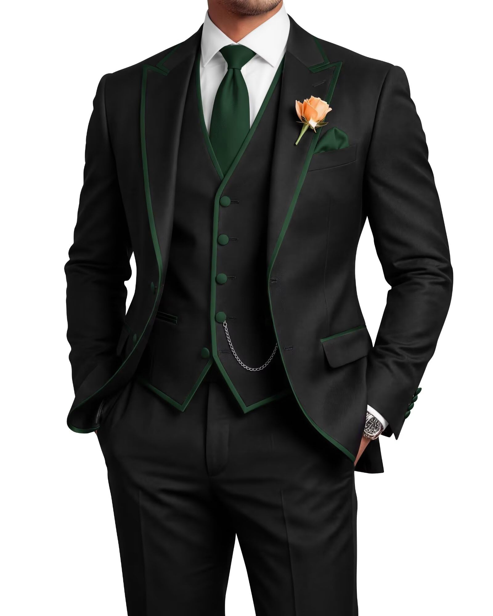 Men's 3 Piece Tuxedo for Men Slim Fit Black Wedding Suits for Groom Groomsman Prom Graduation Jacket Vest Pants