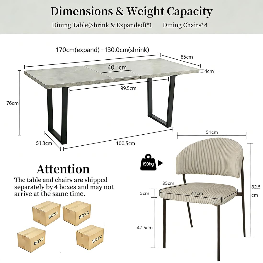 JIEXI Juego de 4 mesas de Comedor Extensibles de 130 x 170 cm, 4 sillas de Pana, Tablero Rectangular de MDF de Cemento, Estilo Moderno y contemporáneo para Comedor y Cocina