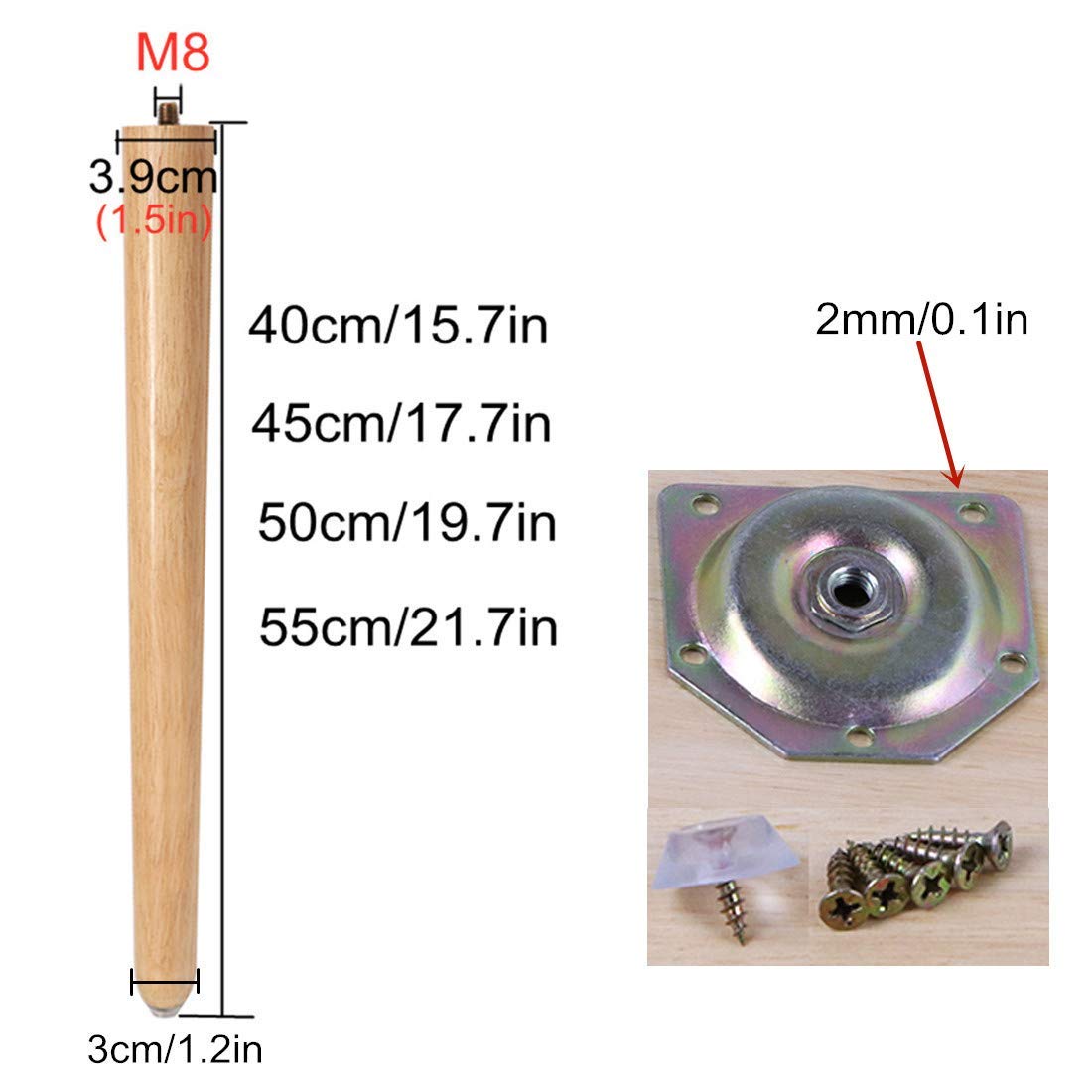 Set di 3 Gambe per mobili in Legno, Gambe per Tavolo in Legno massello, Piedini di Ricambio Affusolati, Gambe per Sedia in Legno di Gomma, bulloni M8 da 5/16 Pollici preinstallati,