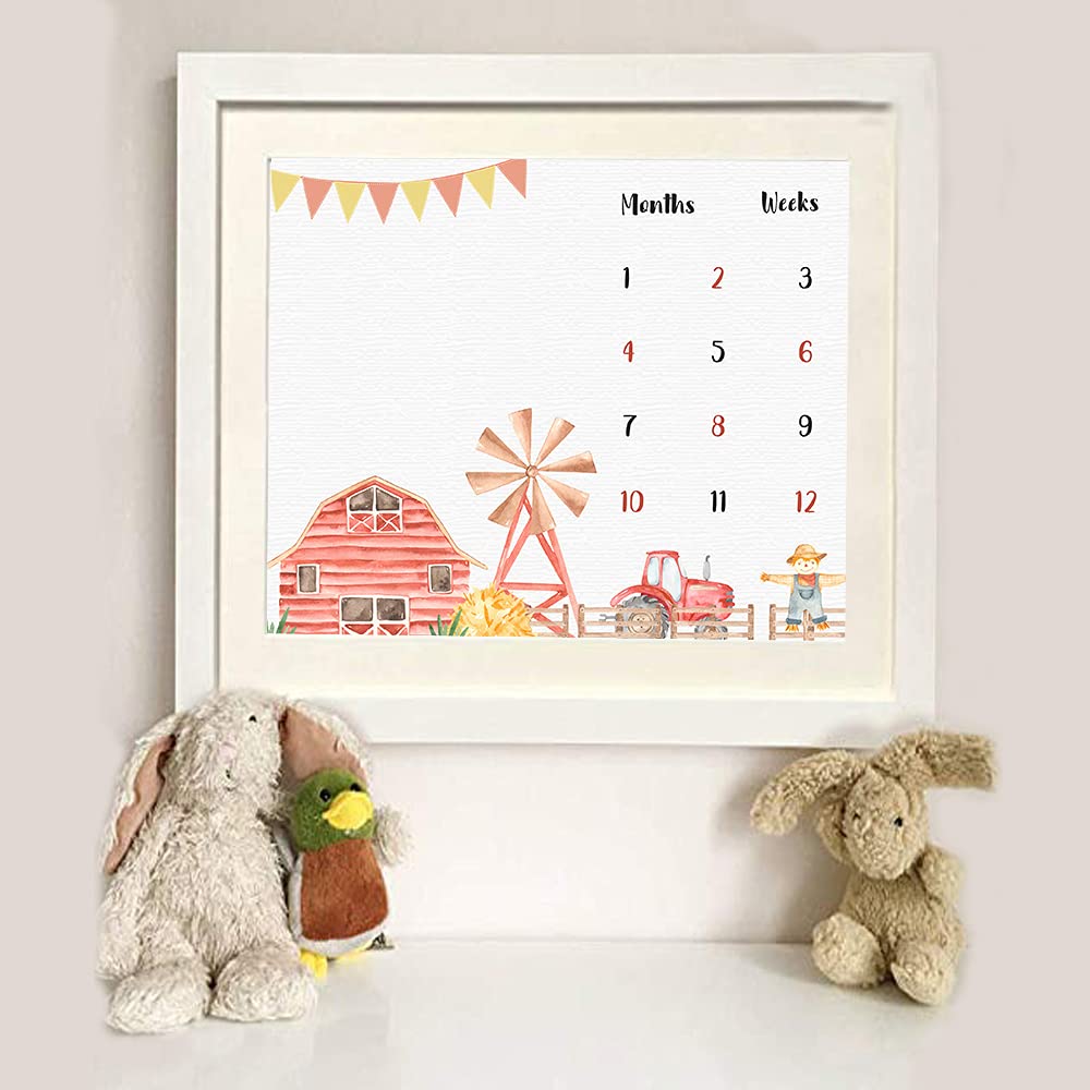 Manta de hito mensual para bebé, de franela suave, 48 x 40 pulgadas, fondo de tractor y granero, regalos para mamá recién nacida, monitor de crecimiento de edad de baby shower con fabricante de