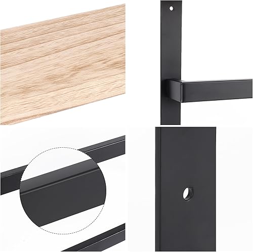 Miniatura 6 de NearMoon Toallero colgante para baño, toallero de metal grueso con estante de madera, almacenamiento de barra de toallas de 3 niveles, colgadores de