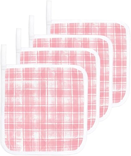 4 Packs Pink Painted Plaid Pot Holders Sets for Kitchen,Oven Pan Plate Bowl Pads Heat Proof Mat with Hanging Loop,Terry Cloth Potholders Soft Grip