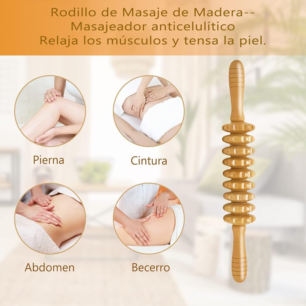 BLUEZY Set de 4 Maderoterapia Kit Masajeador Rodillo Anticelulitico de Madera, Rodillo Masaje Muscular Gua Sha Masajeador para Cuello, Piernas, Espalda y Cuerpo Alivio del Dolor