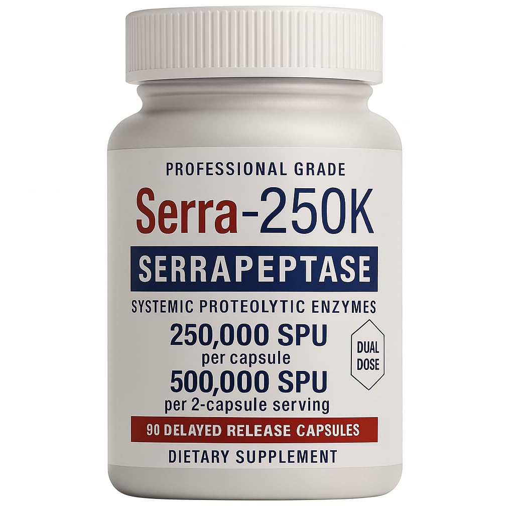 Serra-250k Serrapeptase 250,000 SPU Per Capsule | 500,000 SPU High Potency Enzyme | 90 Capsules | Delayed-Release Serrapeptase | Maximum Strength Vegan Non-GMO Systemic Enzyme for Recovery & Wellness