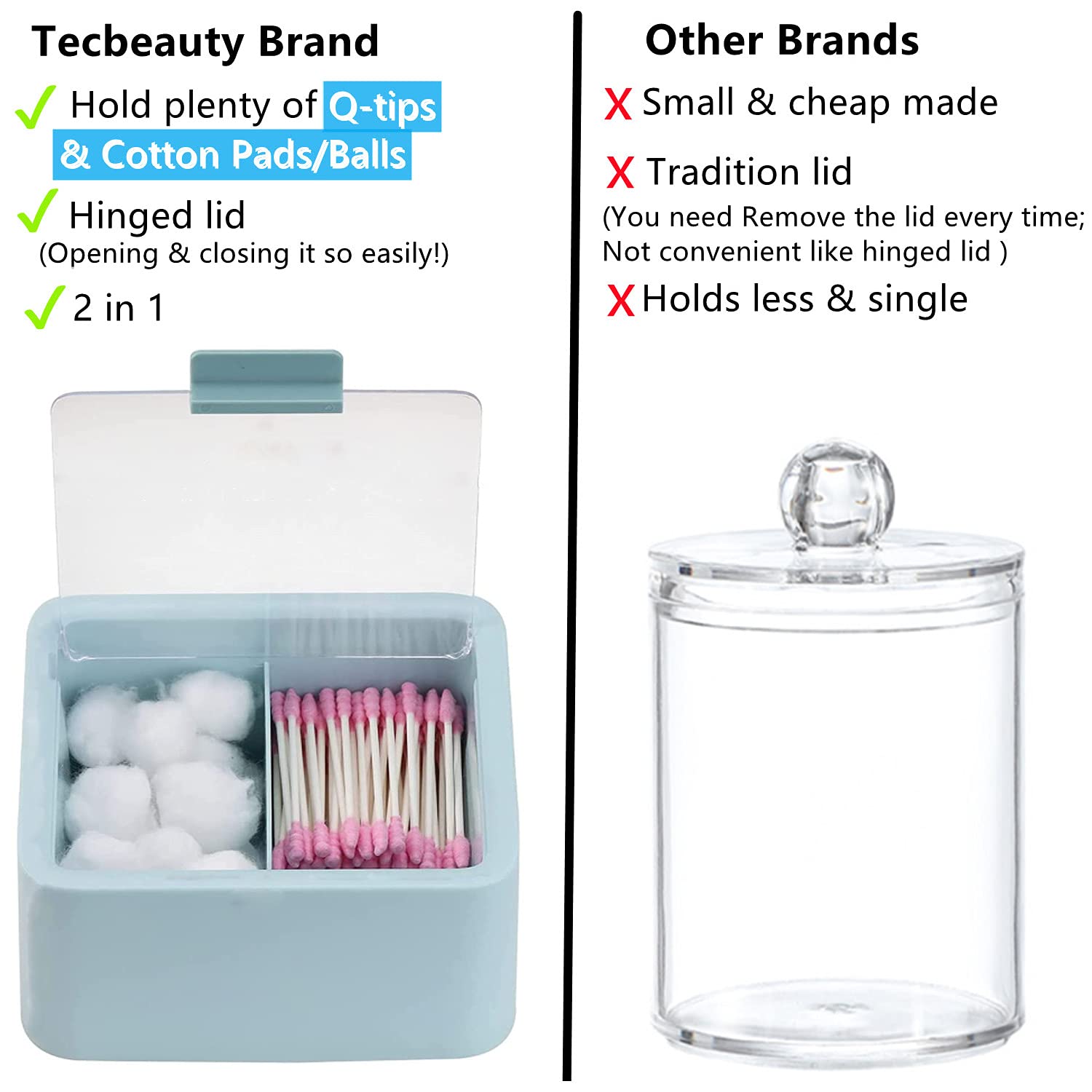 Tecbeauty Soporte grande Qtips, dispensador de hisopos de algodón y bolas de 2 rejillas, recipiente de plástico azul