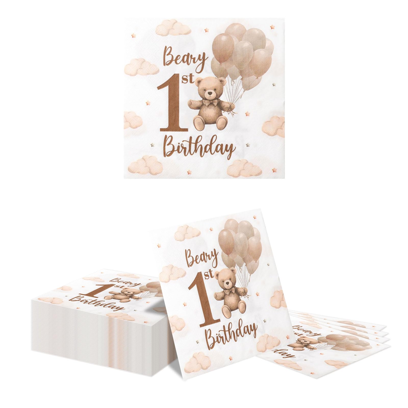 Kotkiddy 40 Pcs Bear Baby Shower Napkins 16.5cm Disposable Cocktail Guest Dinner Paper Napkins for Boys Girls Gender Reveal 1st Birthday Bear Theme Party