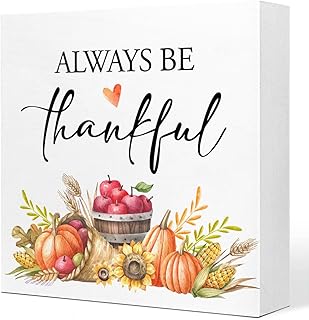 Q682 Fall Table Decor: Thanksgiving Pumpkin Fall Leaves Wood Block Sign, Rustic Autumn Harvest Seasonal Wooden Box Sign for Farmhouse Home Shelf Table Decoration