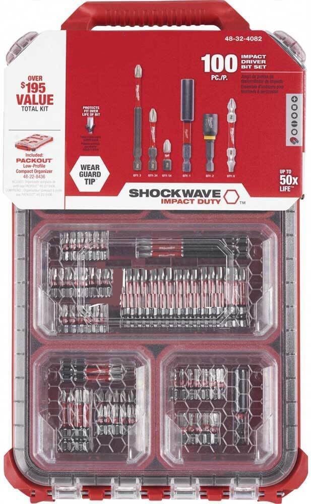 Screwdriver Bit Set, 100 Pc, Impact Driver Bit Set, For Milwaukee 48-32-4082, Packout Organizer, Shockwave Driver Bit Packout Kit