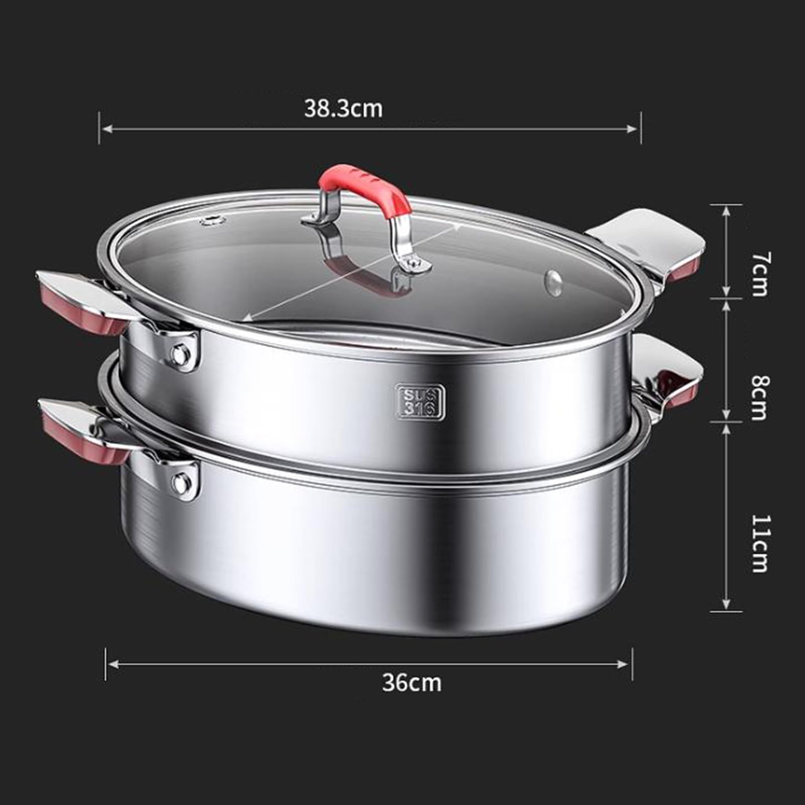 Set di pentole a vapore per pesce, in acciaio inox, con rastrelliera, 38 cm, multifunzione, per cuocere a vapore pesce, frutti di mare e verdure