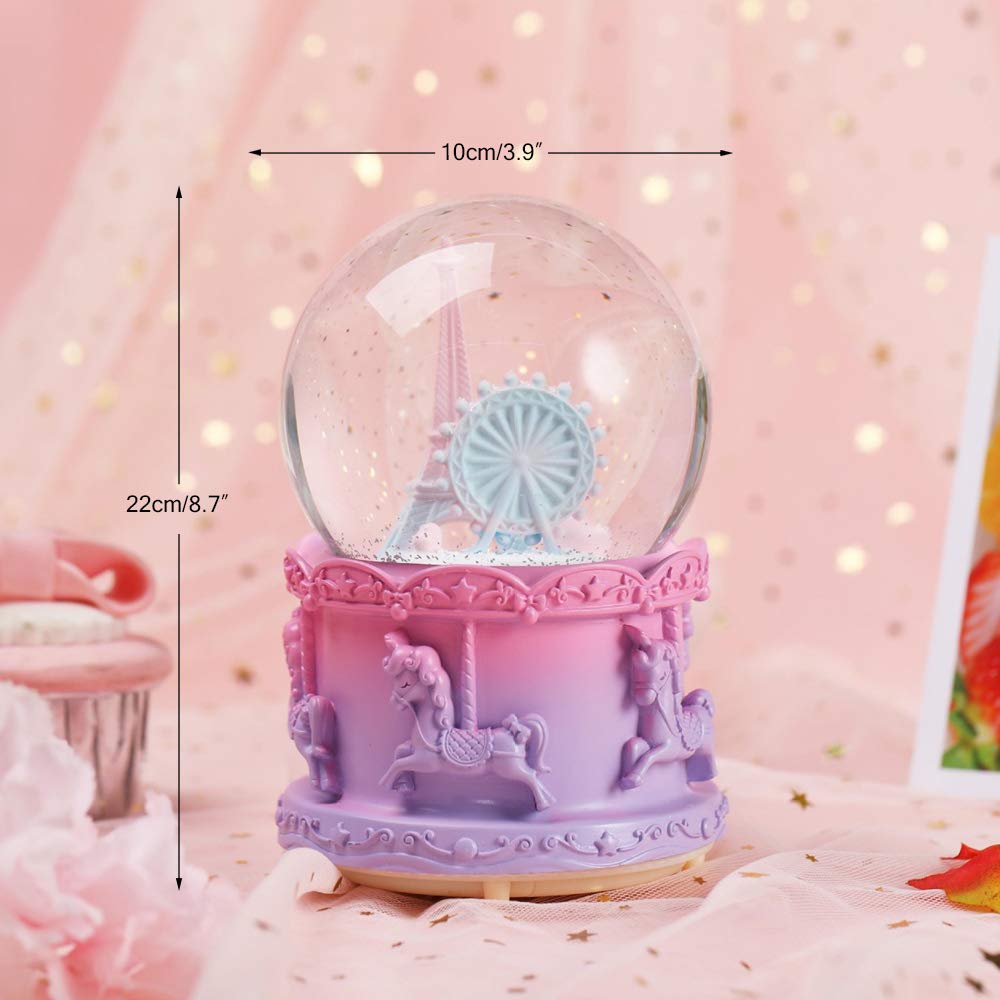 100 MM Romantic Ferris Wheel & Iron Tower Snow Globe Music Box with Color Changed LED Lights and Automatic Snowfall for Women Kids Girls & Home Decor