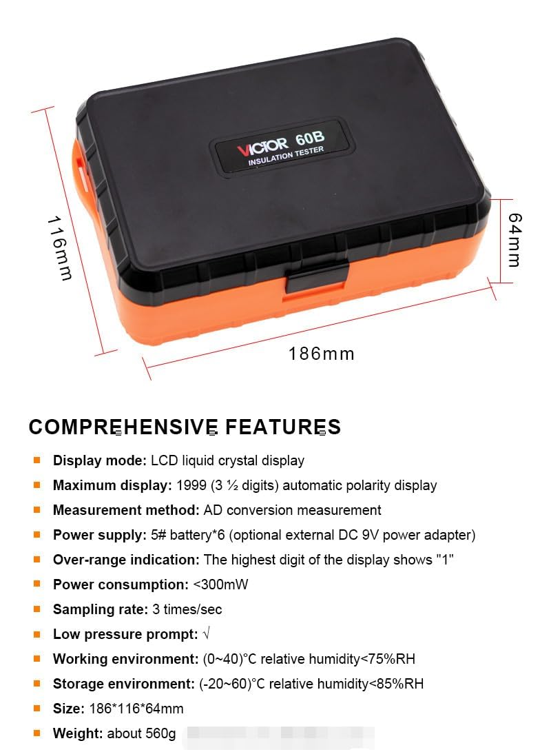 VICTOR VC60B+ VC60D+ VC60E+ 10000V/2500V/5000V Digital Insulation Resistance Tester Digital Megohmmeter(VICTOR VC60B+)