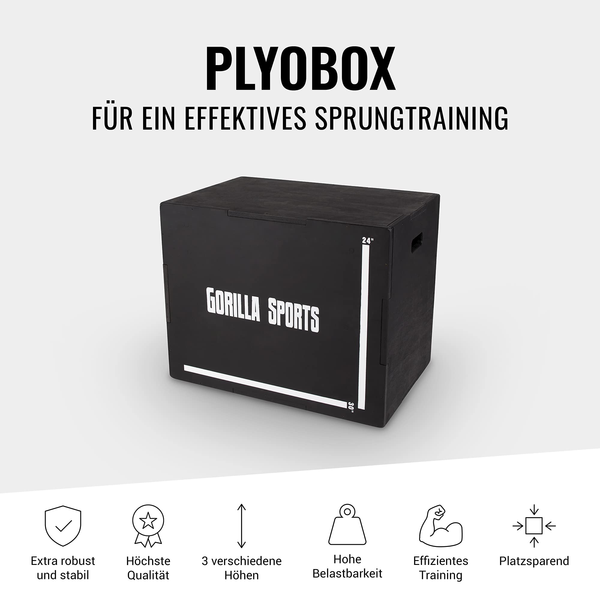 GORILLA SPORTS® Plyo Box - 3 in 1 con 3 Altezze, 76x51x61cm, Carico 200/500kg, in Legno, Marrone/Nero - Jump Box Pliometrico, Scatola di Salto, Piattaforma Pliometrica, Allenamento, Palestra, Esercizi