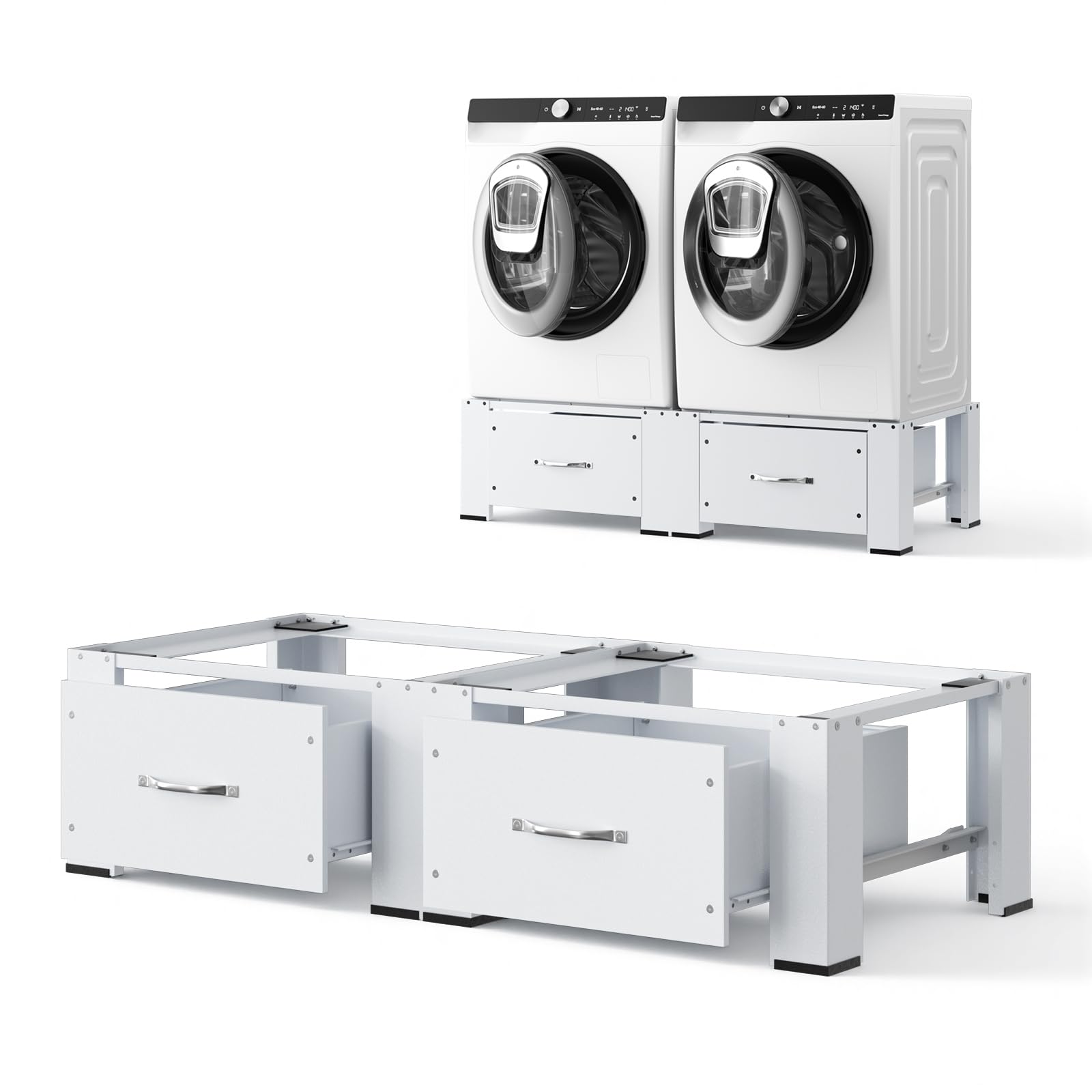 Untergestell für Waschmaschine und Trockner mit Schublade(127x55x32CM), Maximale Tragfähigkeit 300kg Robustes, Rutschfestes Stahlgestell Geeignet für Kühlschränke, Trockner und Gefrierschränke