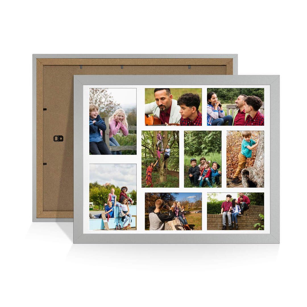 Procut Global 20X16 Silver Photo Frames For Multiple Pictures with White Mount-Modern Collage Frame with 9 Apertures (2x) 7x5, (7x) 6x4-Engineered Wood with Shatterproof Perspex