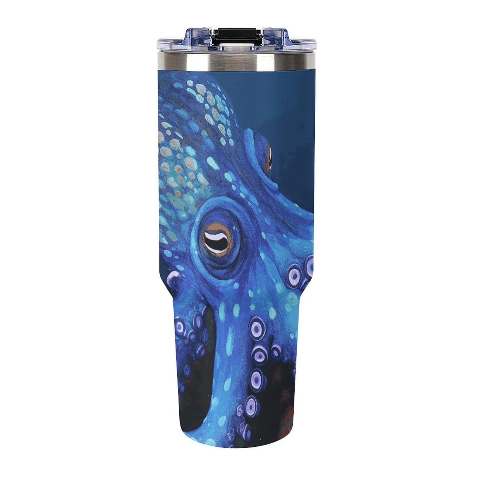 Autobecher aus 304 Edelstahl, 1,2 l, blauer Oktopus-Becher mit Strohhalm und auslaufsicherem Deckel, großes Fassungsvermögen, vakuumisolierter Reisebecher für Auto-Becherhalter