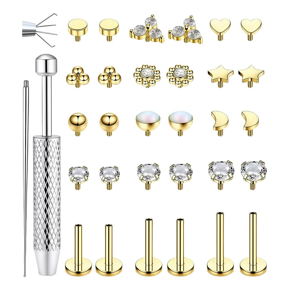 Image of SANNIDHI Earrings Set for Women Hypoallergenic Surgical Steel Internal Thread Stud Piercing Jewelry for Tragus Helix Cartilage Conch Nose Plated Lip Labret Medusa Piercing